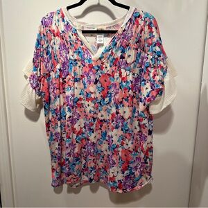 NEW BiBi Pink and Purple Flutter Sleeve Blouse Ruffled Relaxed